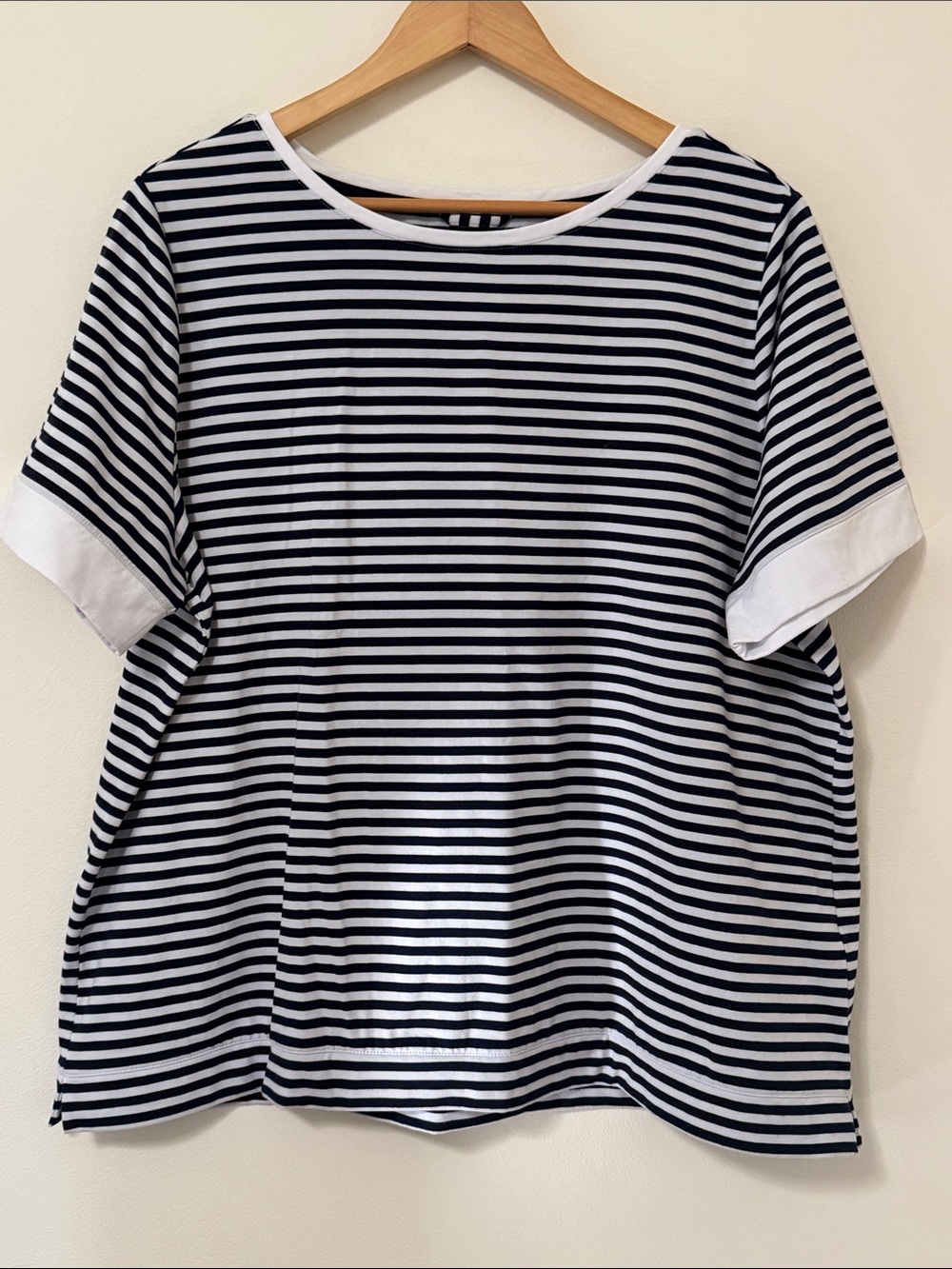 Lands' End Women’s Navy and White Striped Short Sleeve Top